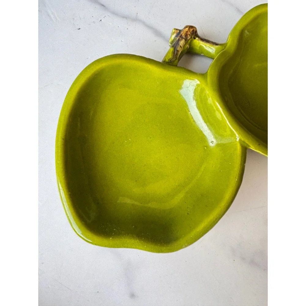 Vintage USA Pottery VF-67 Green Double Apple Divided Dish Candy Nut Trinket